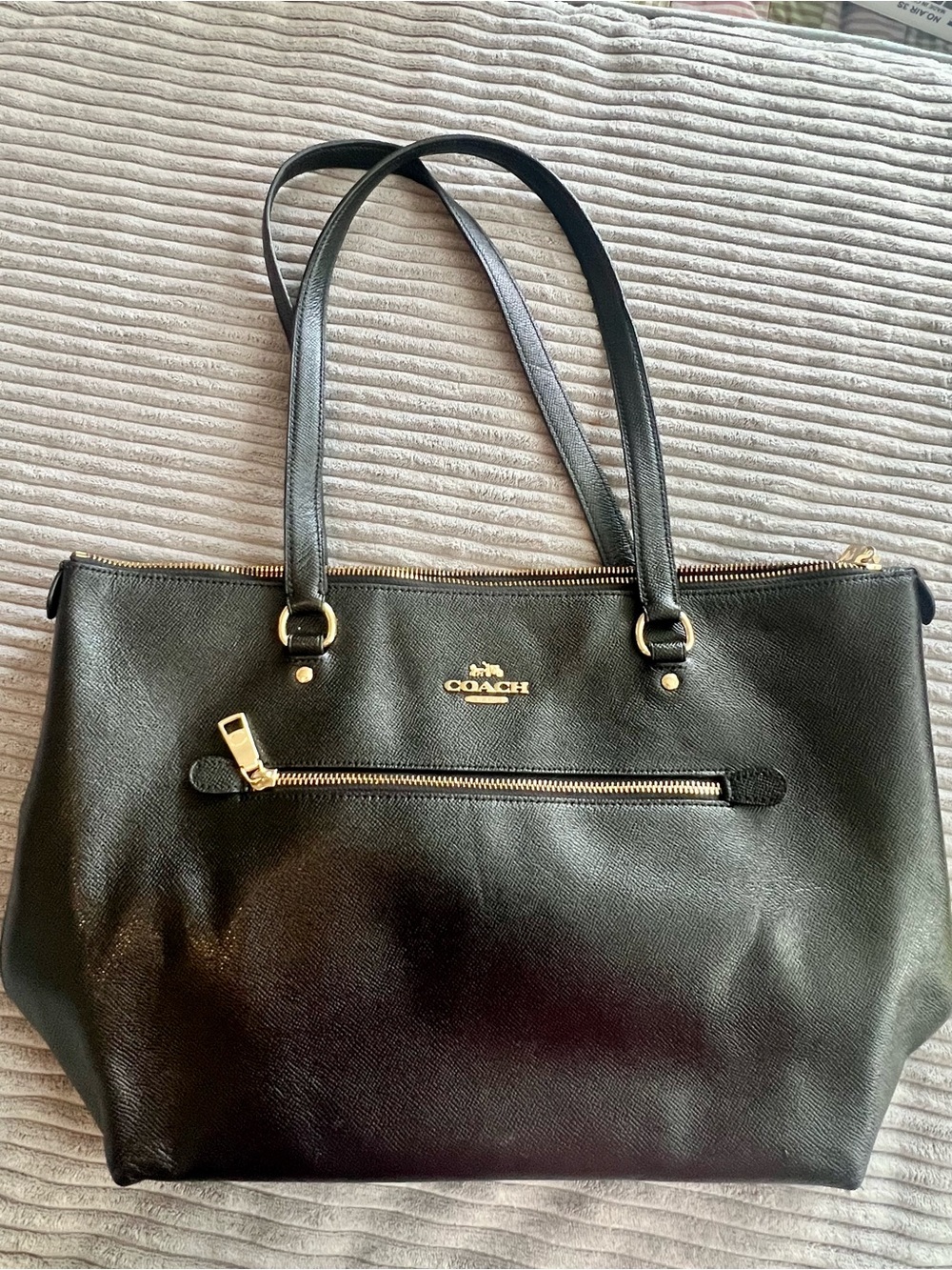 Coach Black Leather Zip-Top Tote with Front Zip Pocket